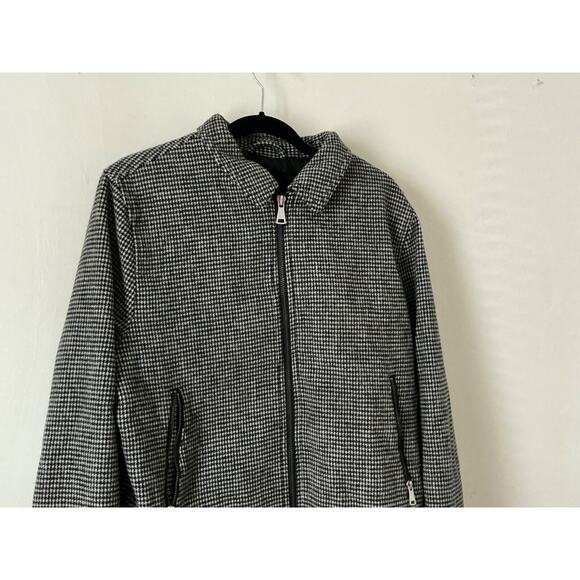 Women's L H&M Black White Wool Blend Houndstooth Tweed Jacket Zip-Up Bomber Coat - Picture 3 of 8